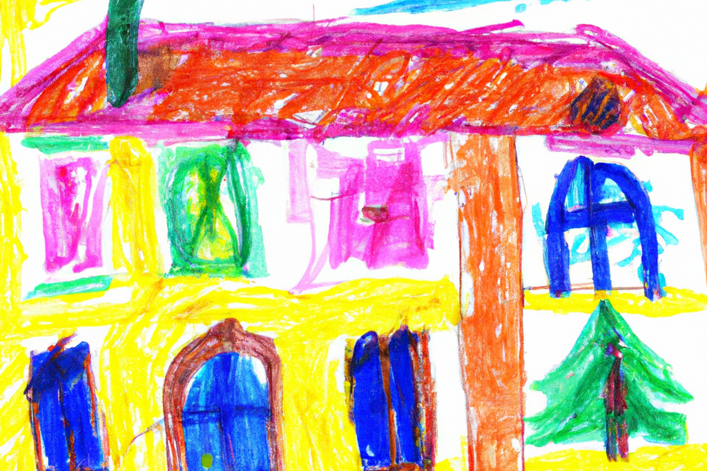 Katathym imaginative Psychotherapie Bunte Zeichnung eines Hauses mit grünen Fenstern und einem Baum im Vordergrund.